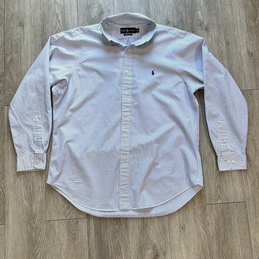 Ralph Lauren Mens Classic Fit Windowpane Check Button Down Shirt Blue White 16.5